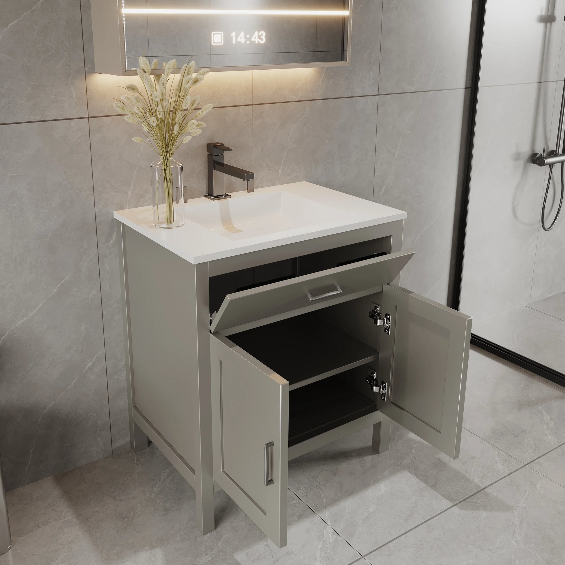 30" Grey Freestanding Bath Vanity Tip-Out Drawer Sink Cabinet Without Top
