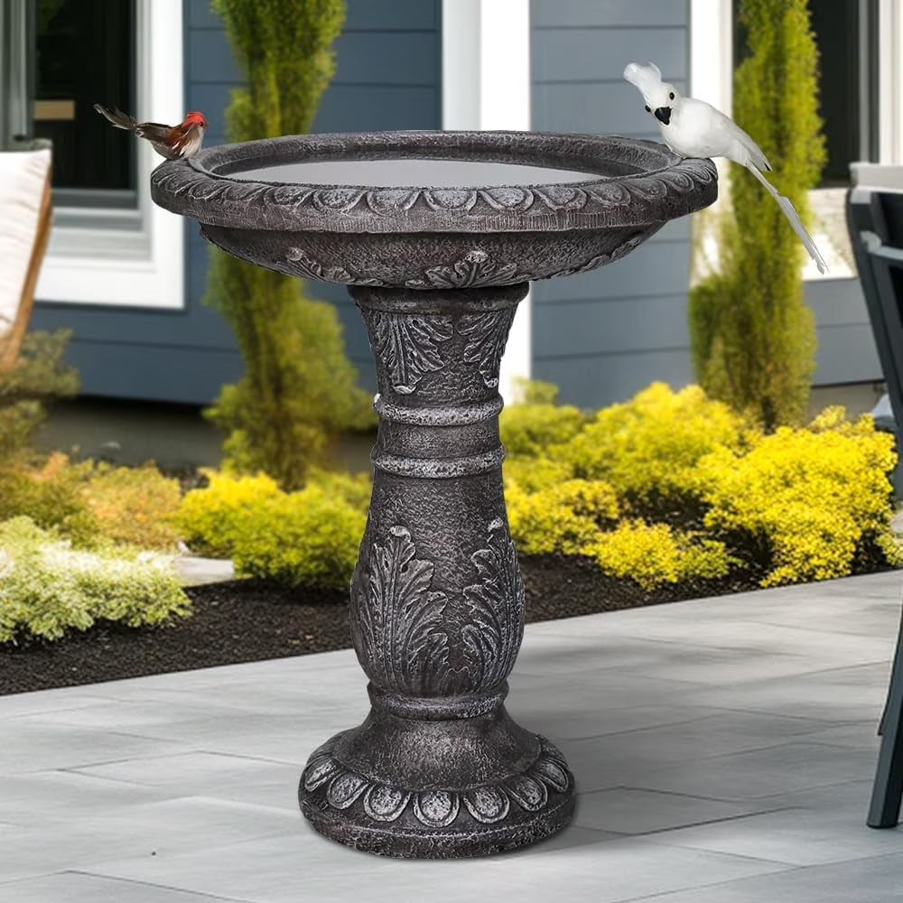 24.4" H Cement Bird Bath for Garden- Fibre Reinforced Concrete Bird Baths for Outdoors, Large Size Vintage Carved Pedestal Birdbath for Patio, Yard, Lawn -20° Dia. X 24.4° H Bird Fountain