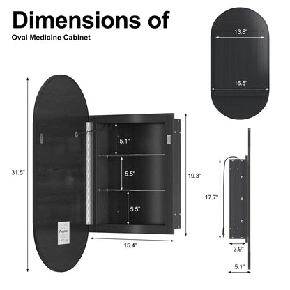 Hironpal Recessed or Wall Mounted 3 Color LED Oval Medicine Cabinet with 17x32 Inch Mirror for Bathroom,Black