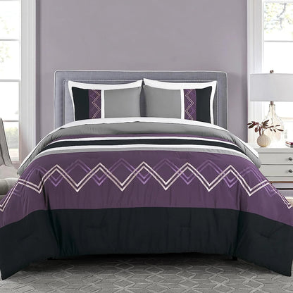 Chezmoi Collection Jaxson King Bed in a Bag 7-Piece Comforter Set with Sheets Modern Pleated Stripe Embroidered Purple/Black/Gray/White Zigzag Lightweight All Season Bedding