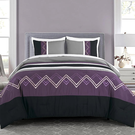 Chezmoi Collection Jaxson King Bed in a Bag 7-Piece Comforter Set with Sheets Modern Pleated Stripe Embroidered Purple/Black/Gray/White Zigzag Lightweight All Season Bedding