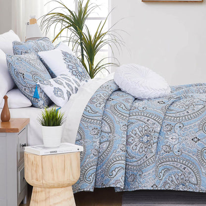 Southshore Fine LinensOversized 5-Piece Twin/Twin XL Quilt Bedding Set with two matching shams and three decorative throw pillows, oversized Paisley farmhouse bedspread Pure Melody Aqua