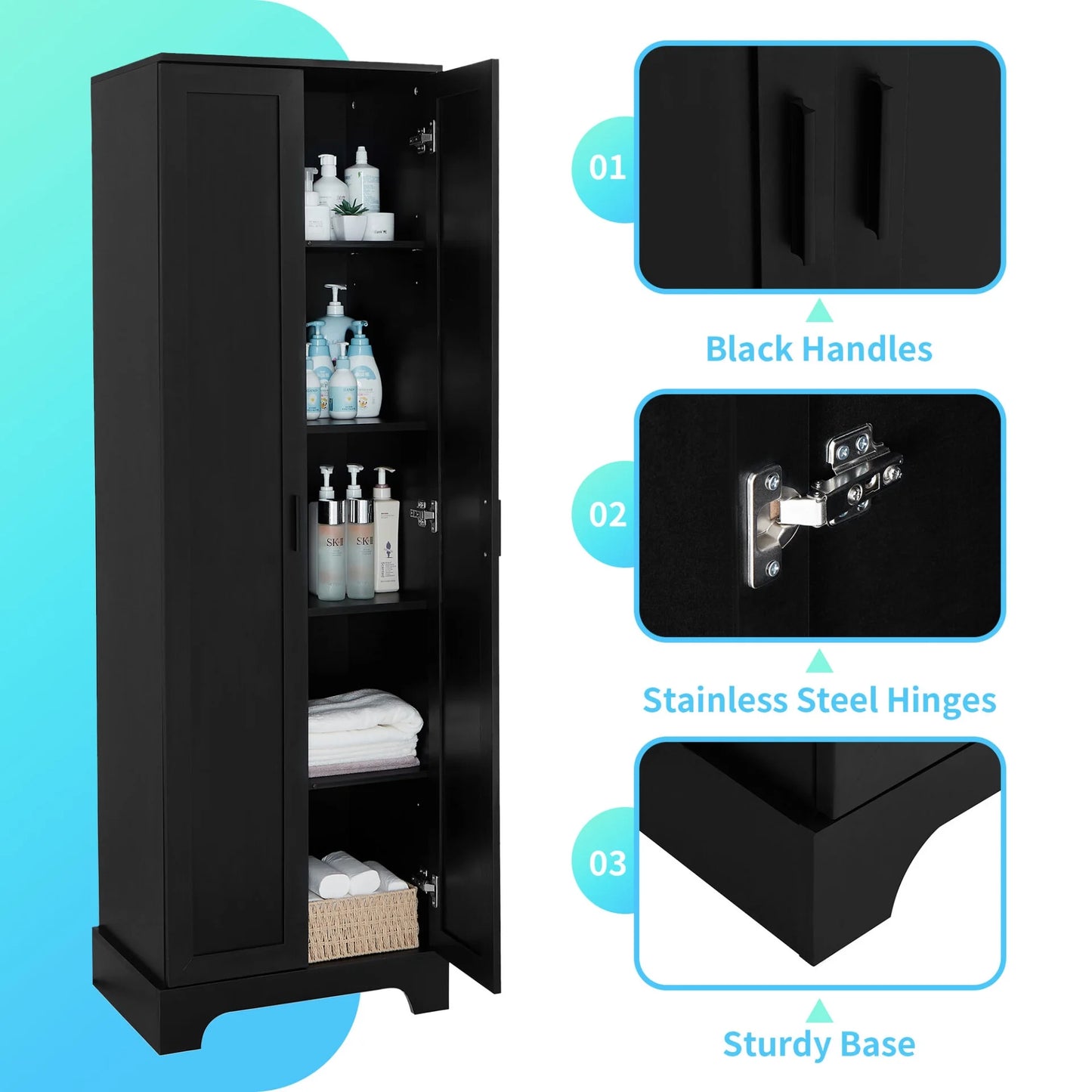 22'' Double Door Storage Cabinet with Adjustable Shelves, High Quality Bathroom Cabinet with MDF Material, for Living room, Bathroom, Black