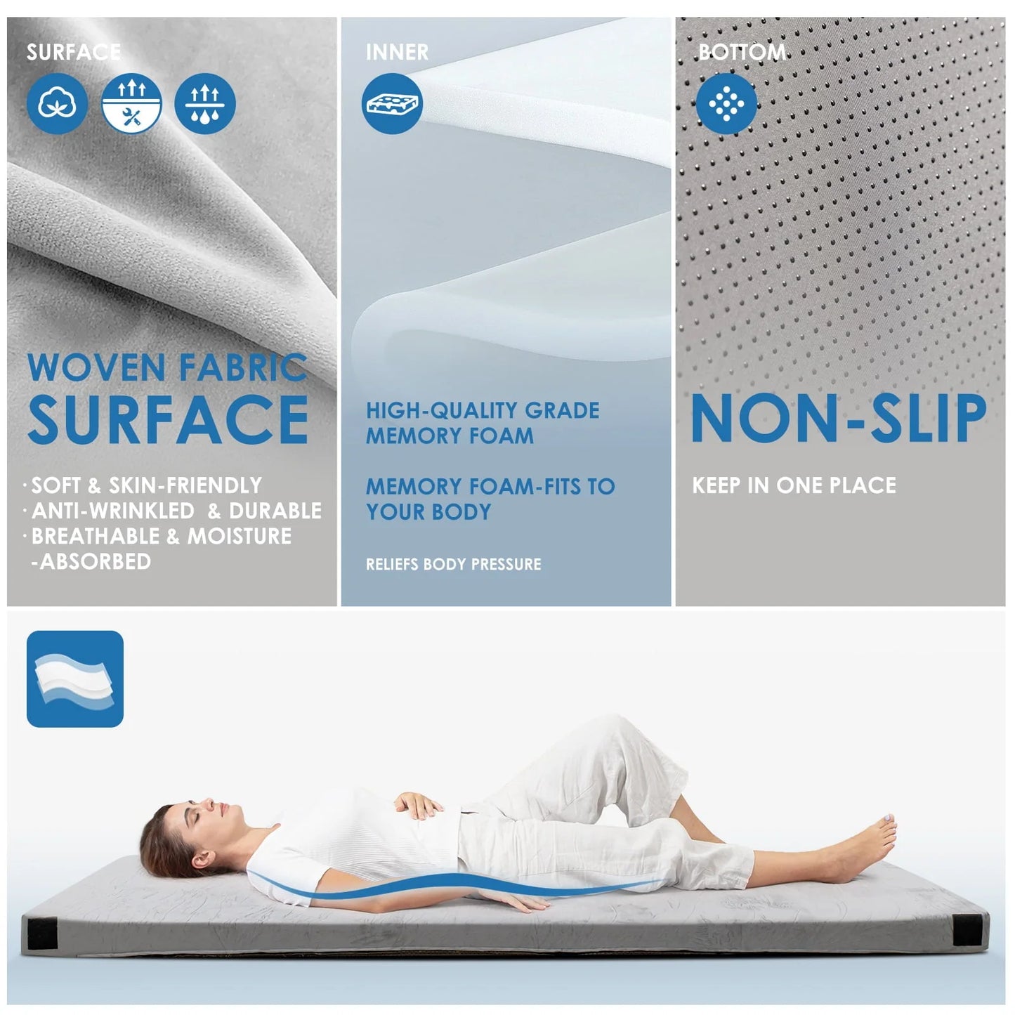 KingChii CertiPUR-US 3" Thick Memory Foam Camping Mattress, Sleeping Bed for Kids Adults, Portable Roll Up Sleeping Mats with Removable Waterproof Mattress Topper Travel Bag