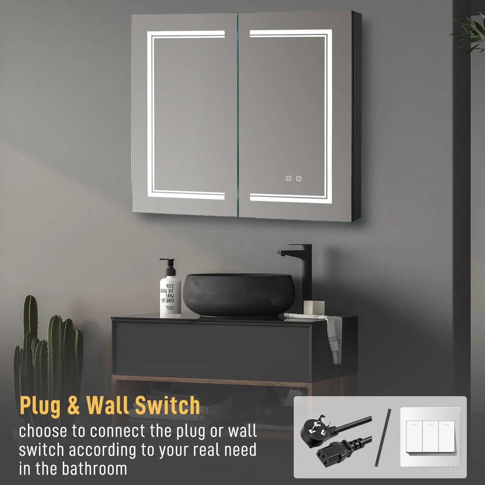 Ktaxon LED Lighted Medicine Cabinet with Mirror Bathroom Wall Cabinet w/Defogger, Dimmable, Memory function, Outlets & USB, 32"x28", Black