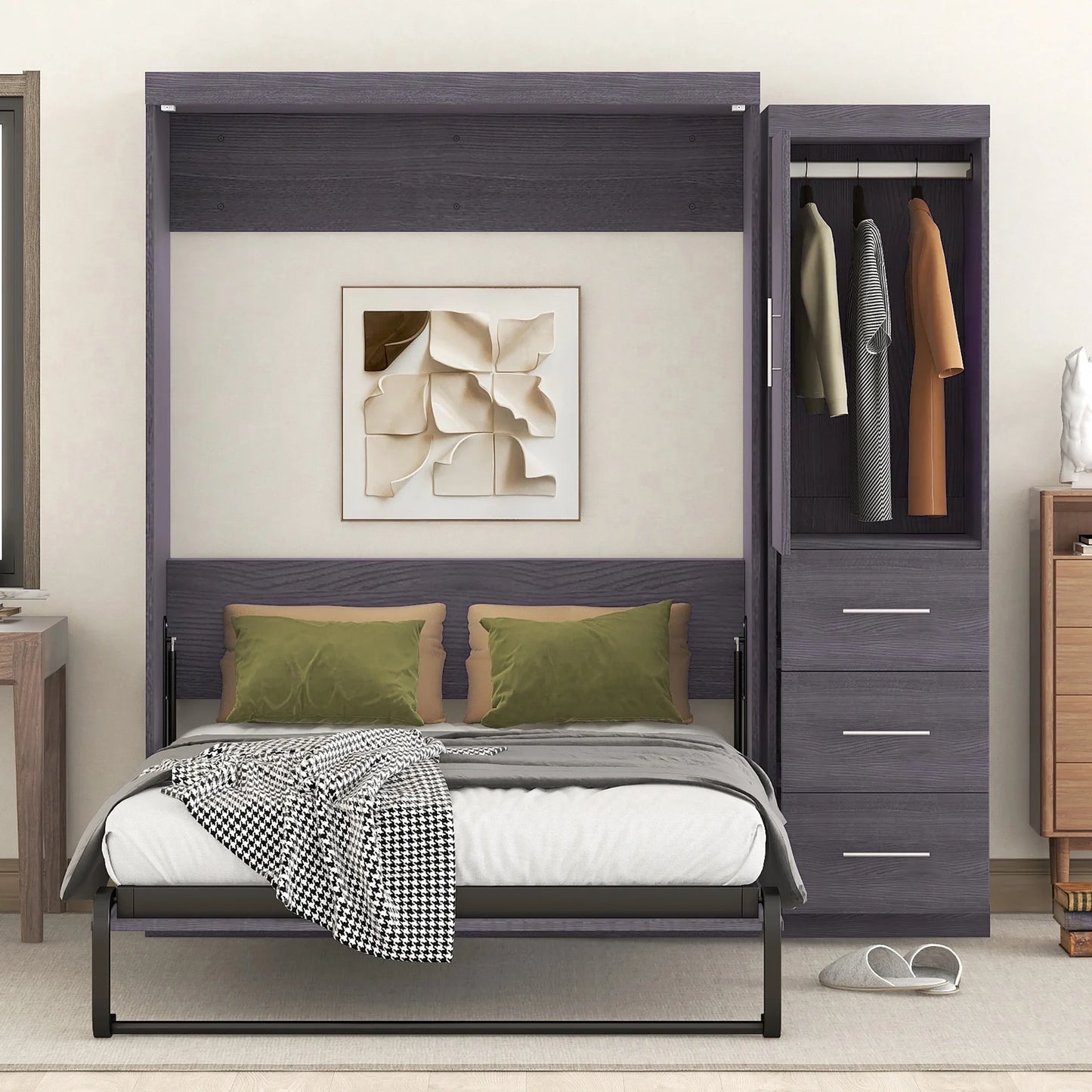 Euroco Wood Full Size Murphy Wall Bed with Wardrobe and Drawers for Living Room, Moveable Wardrobe and Drawers, Space-Saving & Easy Open and Close for Kids Teens Adults, Gray