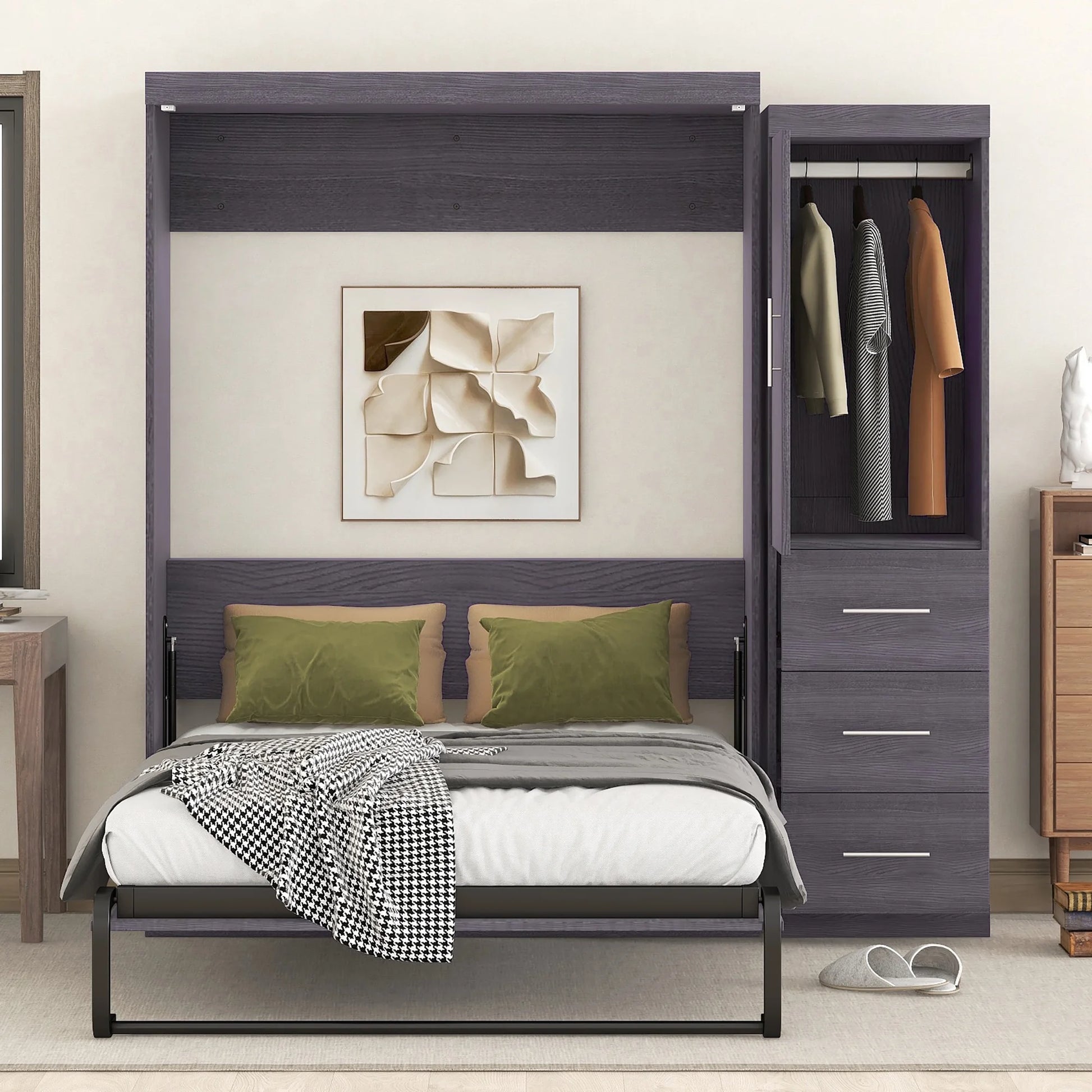 Euroco Wood Full Size Murphy Wall Bed with Wardrobe and Drawers for Living Room, Moveable Wardrobe and Drawers, Space-Saving & Easy Open and Close for Kids Teens Adults, Gray