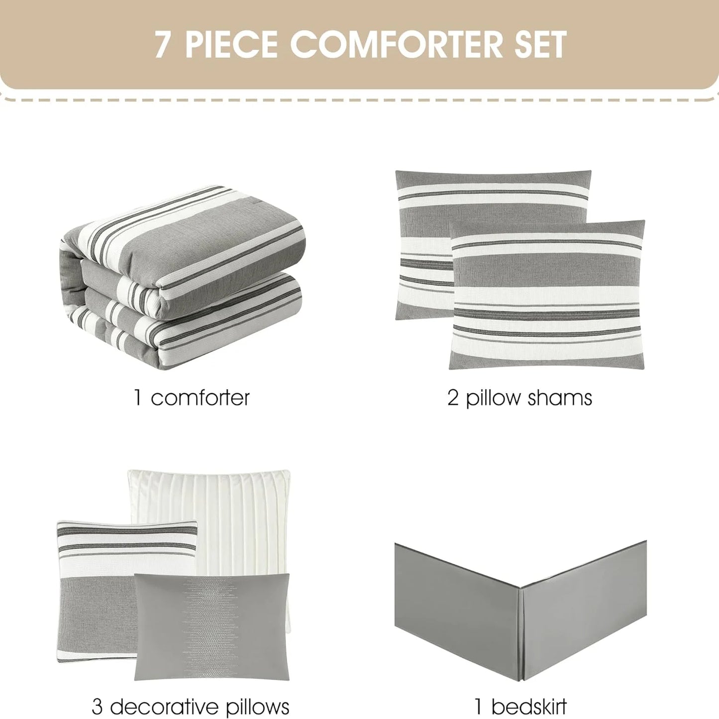 Grand Avenue White Grey Comforter Set California King Size, 7 Piece Geometric Jacquard Bedding Set, Matching Bedskirt, Pillows & Shams, Curtains