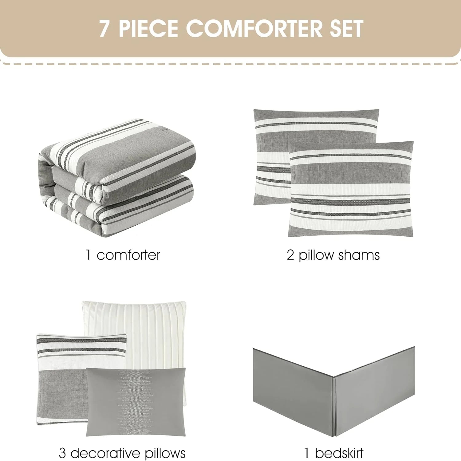 Grand Avenue White Grey Comforter Set California King Size, 7 Piece Geometric Jacquard Bedding Set, Matching Bedskirt, Pillows & Shams, Curtains