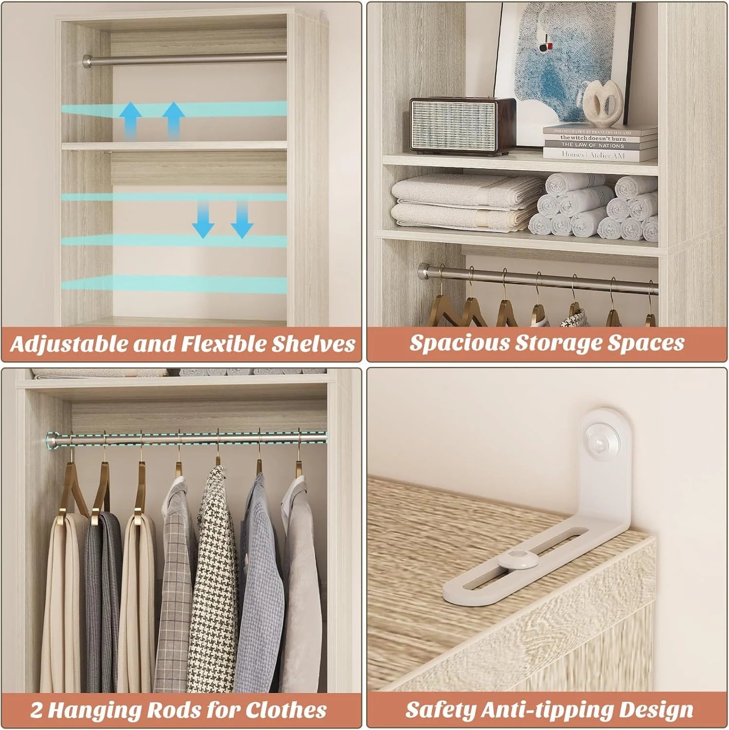 Homieasy 25°?Closet System, Freestanding Closet Organizer Wardrobe with Hanging Rods and Shelves, Adjustable Clothes Garment Rack, Sturdy Walk in Closet Tower, White
