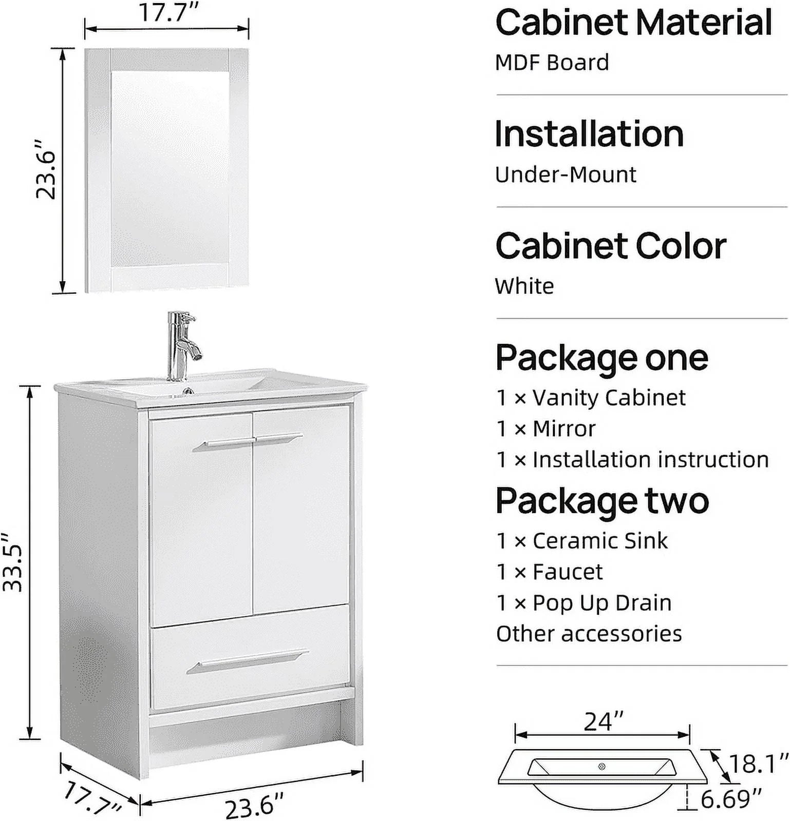 Walsport 24" Luxurious Bathroom Vanity with Ceramic Sink and Countertop and Mirror and Faucet,Double Door Stand Floor Cabinet Bathroom Storage Vanity with Pop Up Drain,White