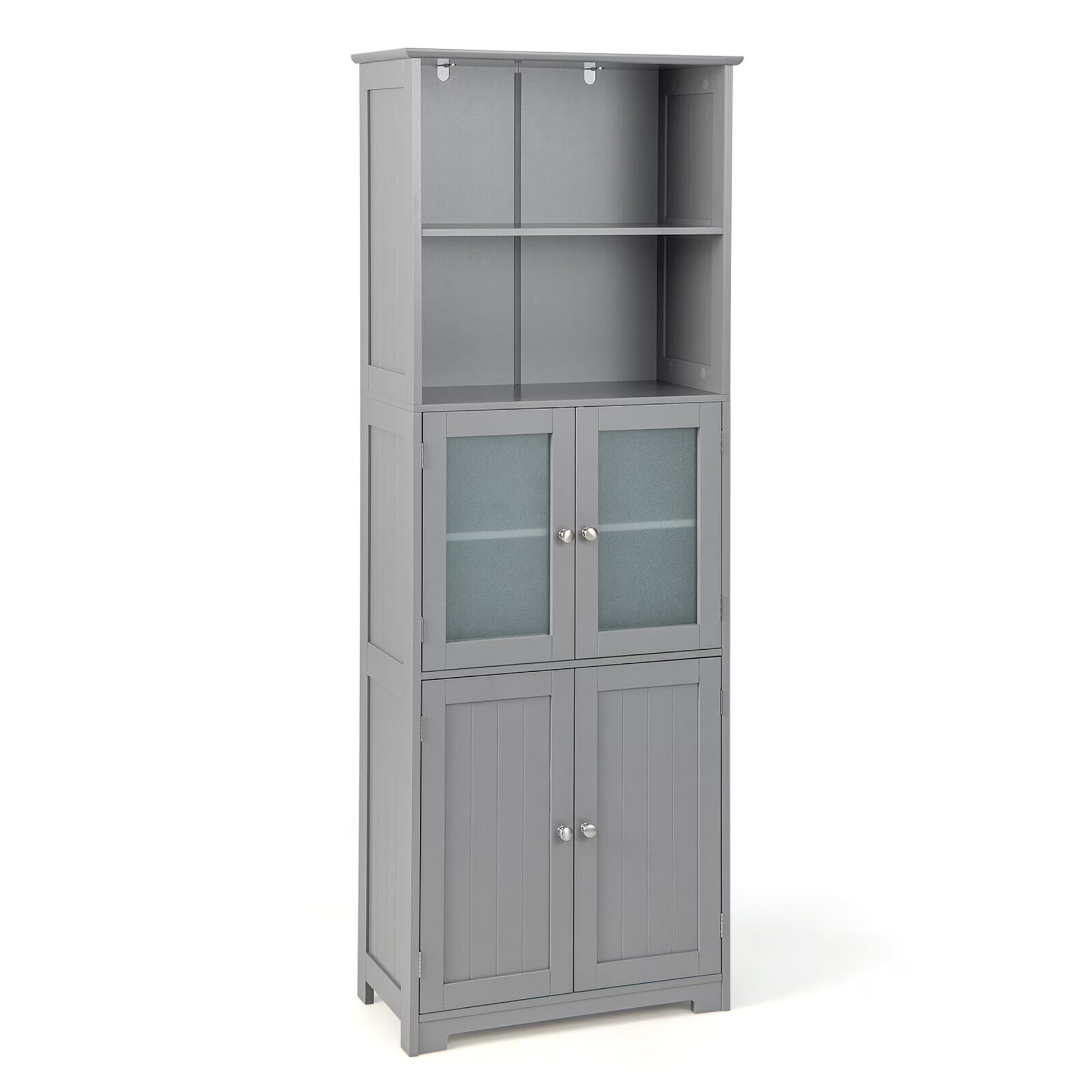 Gymax Bathroom Tall Storage Cabinet Linen Tower w/Glass Door & Adjustable Shelf Grey