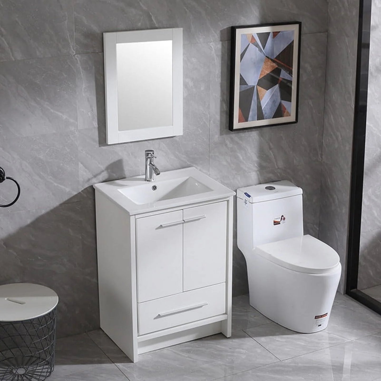 Walsport 24" Luxurious Bathroom Vanity with Ceramic Sink and Countertop and Mirror and Faucet,Double Door Stand Floor Cabinet Bathroom Storage Vanity with Pop Up Drain,White