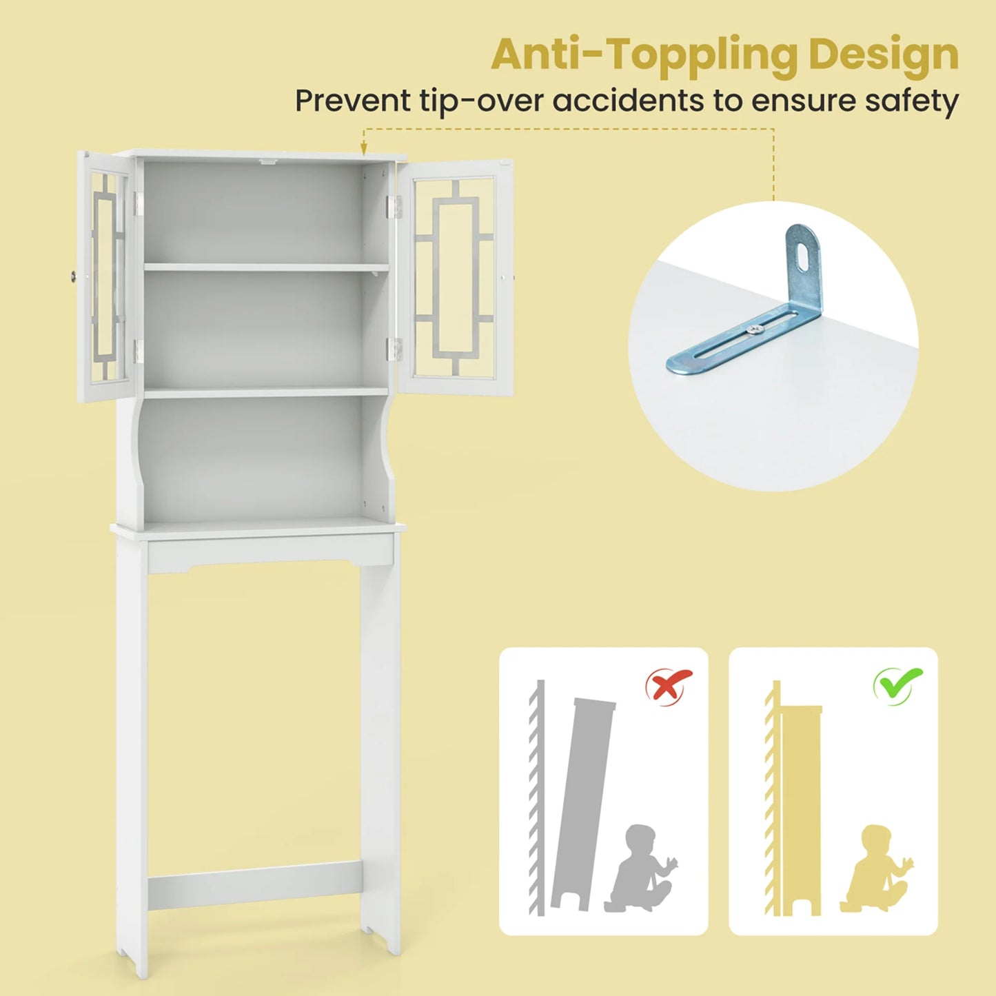 Costway Over the Toilet Storage Bathroom Spacesaver Cabinet Tower Organizer Shelf & Doors White