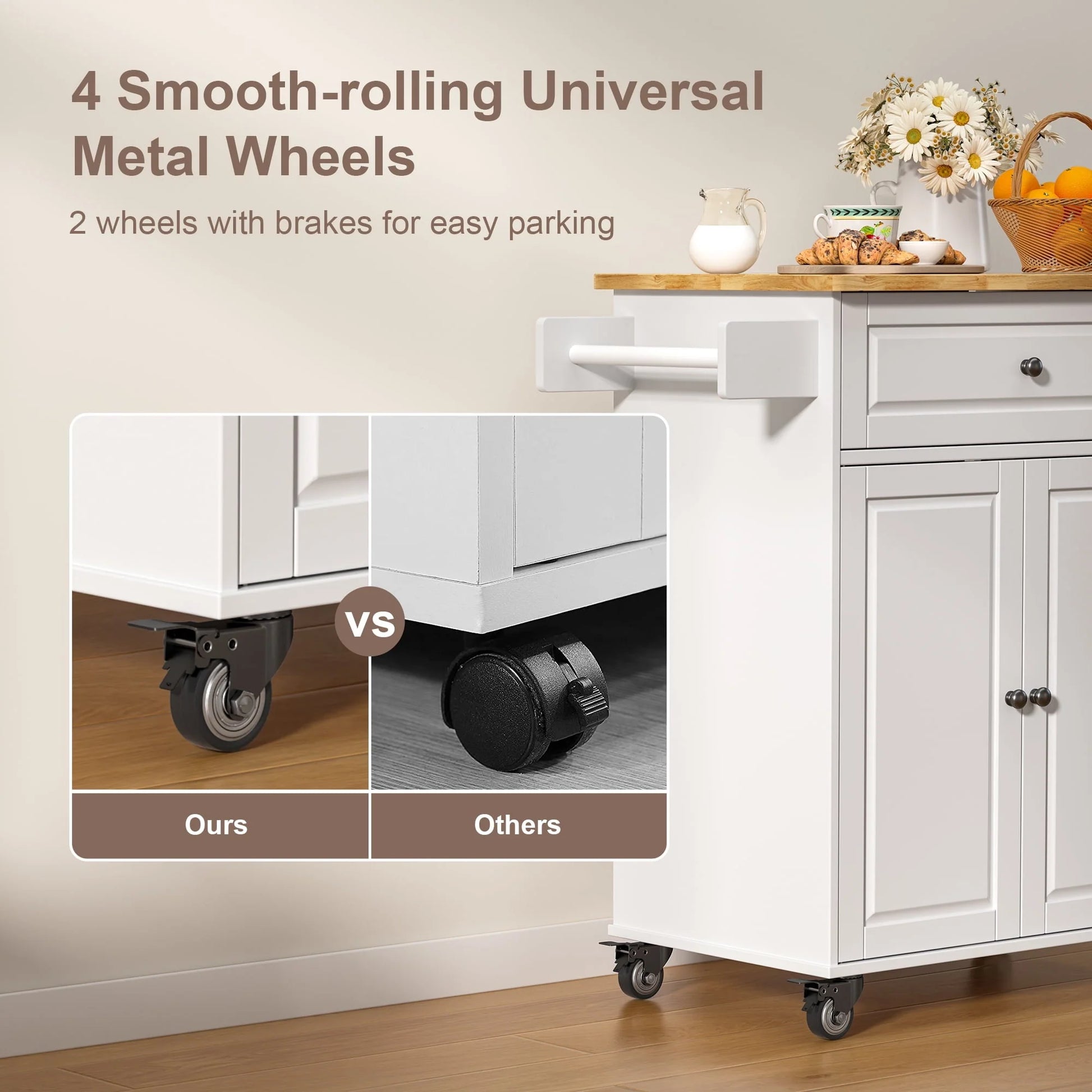 Kitchen Island with Storage on Wheels, Microwave Cart with Spice Rack, Towel Rack & Drawer, White