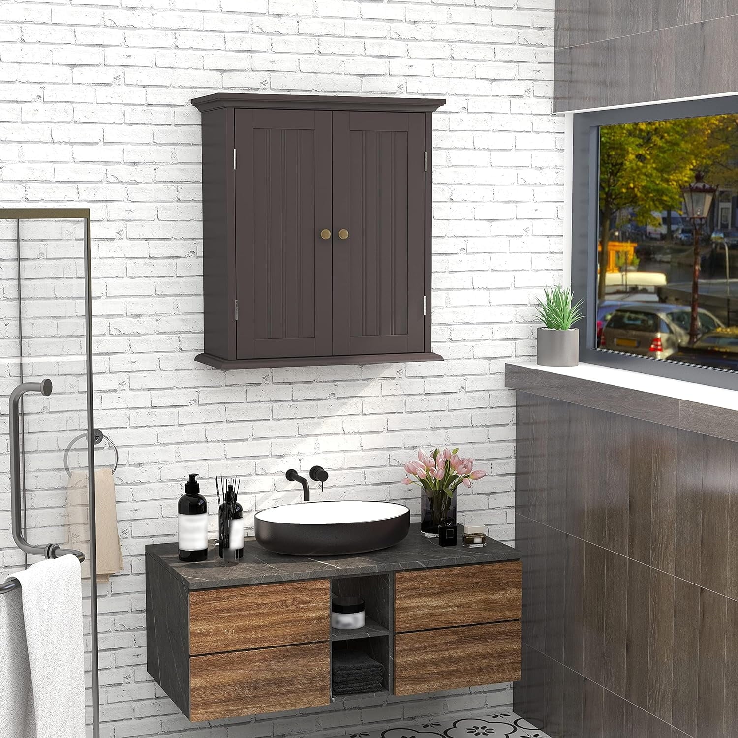Bathroom Wall Cabinet, Over The Toilet Space Saver Storage Cabinet, Medicine Cabinet with 2 Door and Adjustable Shelves, Cupboard