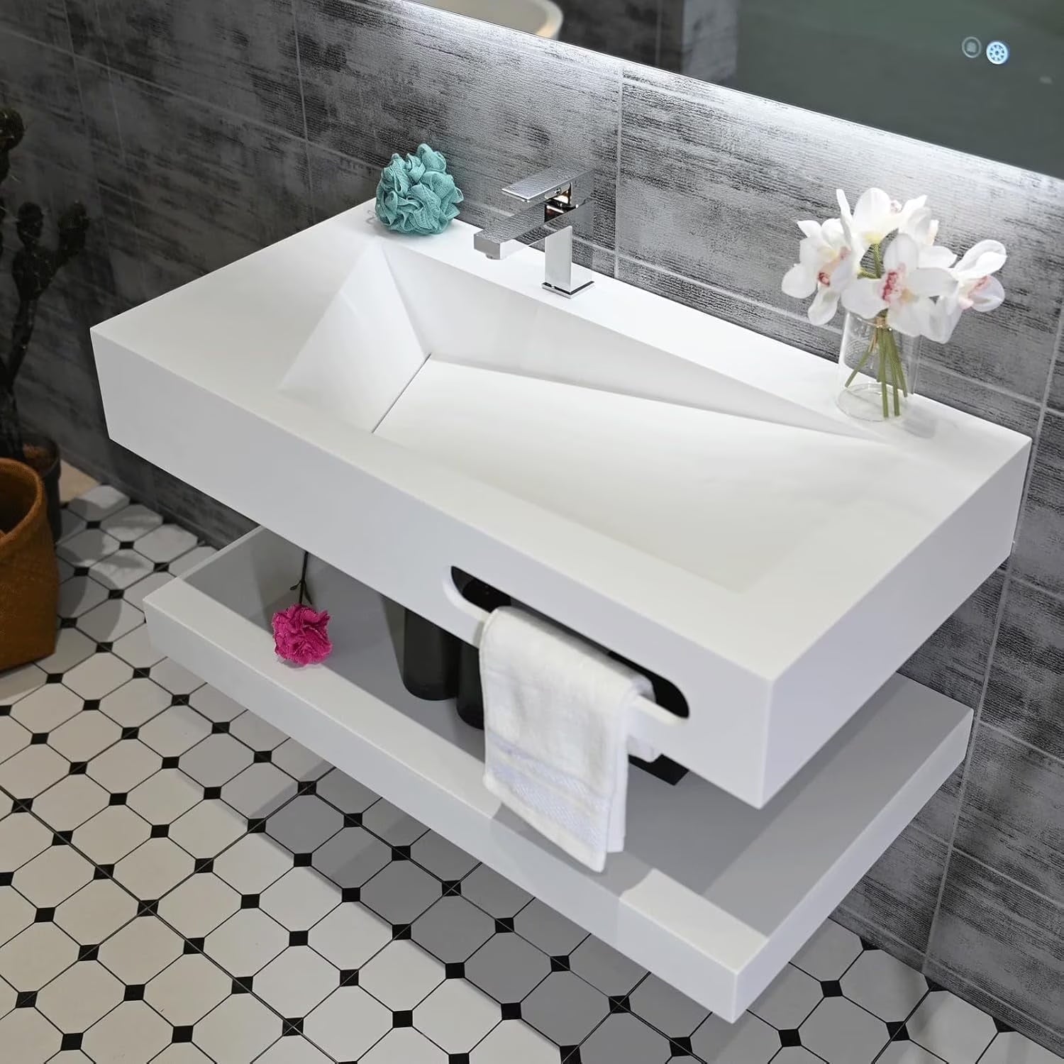 GGISHA 24"x19" Wall-Mount Stone Resin Bathroom Sink Rectangular Vessel Sinks for Bathroom Floating Vanity Sink Trough Modern Art Basin with Shelf Layer