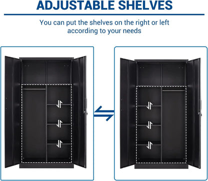 STANI Metal Locker Storage Cabinet, Employees Locker with Hanging Rod Bar, 71° F Black Tall Steel Wardrobe for Home, School, Office (Assembly Required)