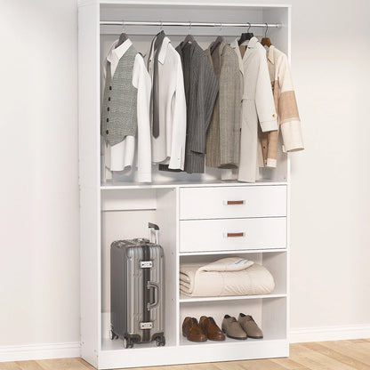 Homieasy Freestanding Closet System with Suitcase Storage, 40 Inches Stand-alone Wardrobe with 2 Wood Drawers, 80'' Height Adjustable Cloth Garment Rack, Walk-in Closet with Hanging Rod, White