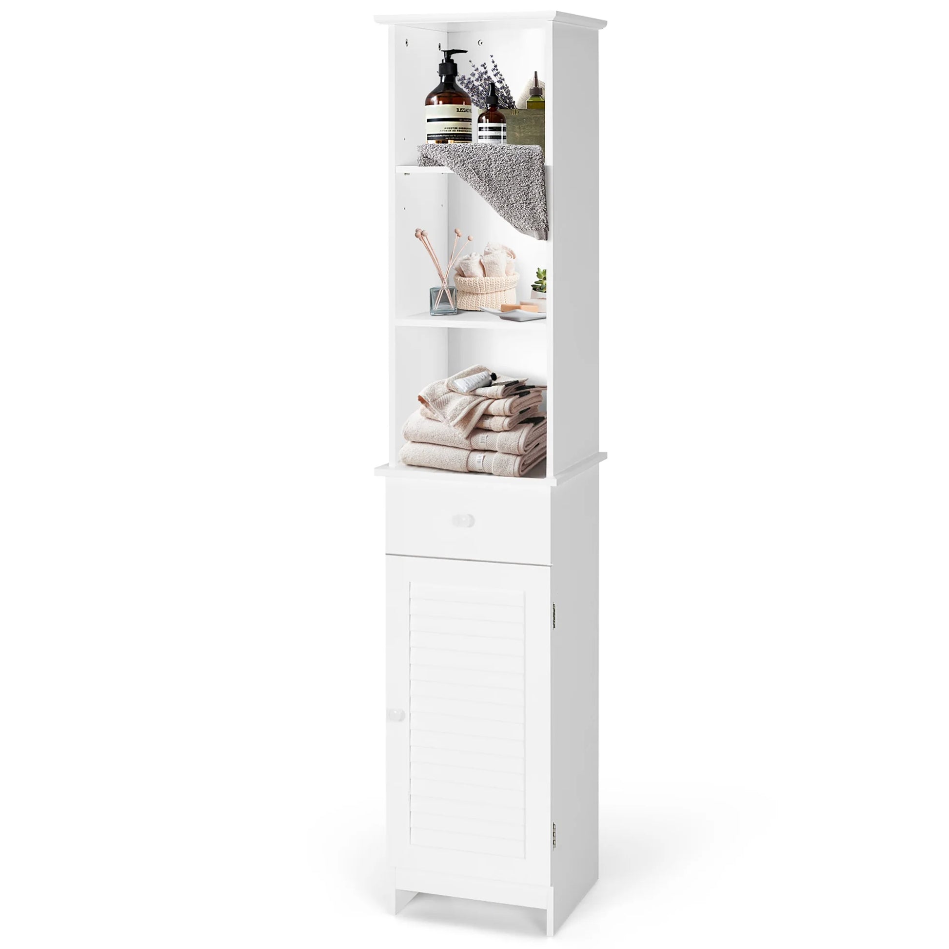 Costway Bathroom Tall Storage Cabinet Freestanding Linen Tower w/Open Shelves & Drawer
