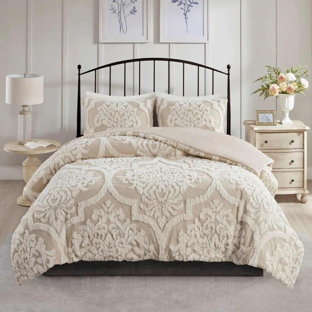 3 Piece Set Duvet Cover King Size, Soft Tufted Cotton Chenille Duvet Cover Set with 2 Pillow Shams and Corner ties, Breathable Bedding Comforter Cover for All Season, Off White