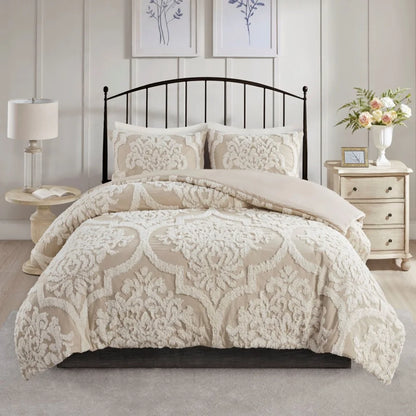 3 Piece Set Duvet Cover King Size, Soft Tufted Cotton Chenille Duvet Cover Set with 2 Pillow Shams and Corner ties, Breathable Bedding Comforter Cover for All Season, Off White