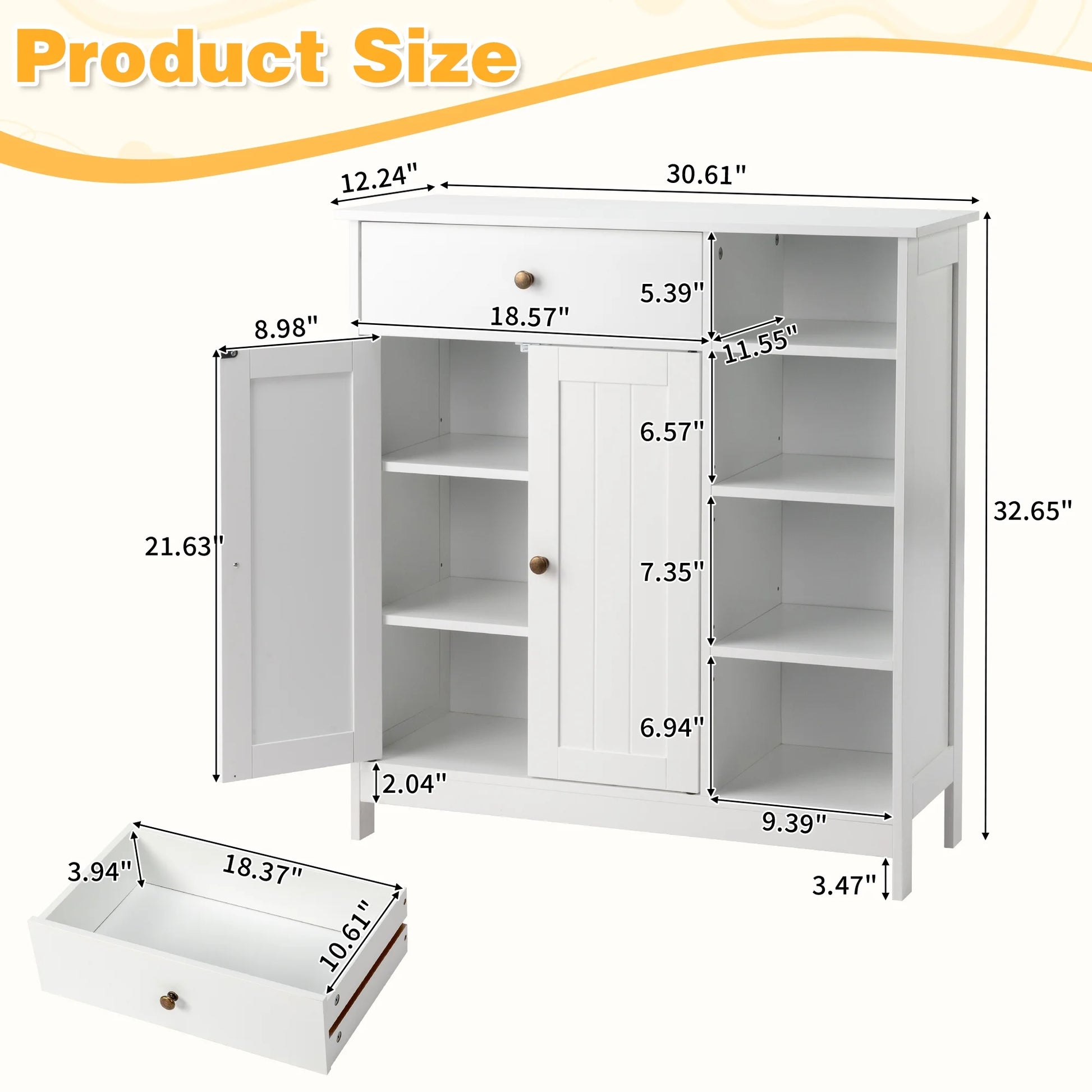 Zimtown Wooden 2-Door Bathroom Cabinet Storage Organizer with 2 Shelves& 1 Drawer & Three-layer Side Rack, White