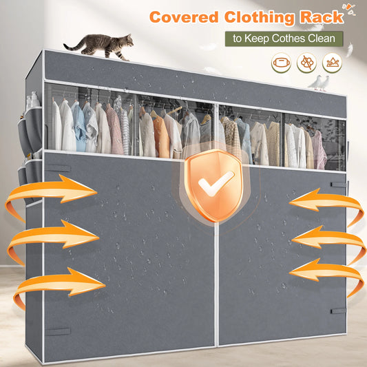 EnHomee 76"W Clothes Rack with Cover,1100LBS Heavy Duty Wardrobe Closet Organizer,Adjustable Portable ClosetBlack