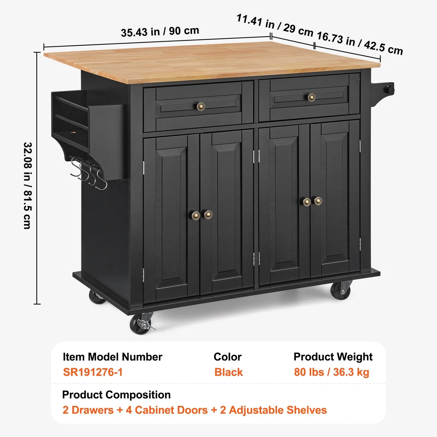 VEVOR Kitchen Island Cart, 43" Wood Top Mobile Carts with Storage Cabinet, Rolling Table with Drop Leaf, Spice Rack, Towel Bar, Adjustable Shelf, Drawer, and Hooks, Portable Islands on Wheels, Black