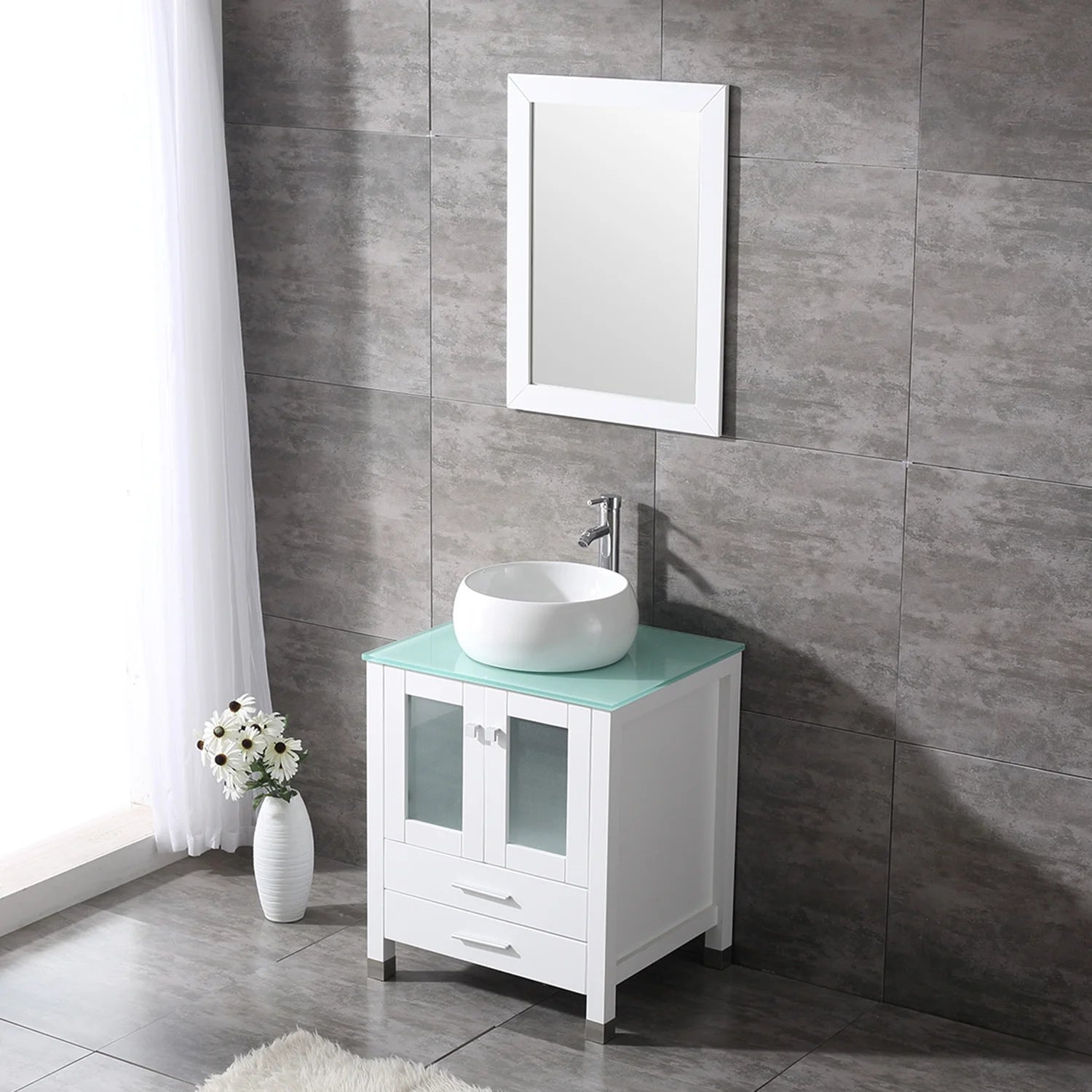 Wonline 24" Bathroom Vanity Cabinet Ceramic Sink Faucet Drain Combo w/Mirror Set White