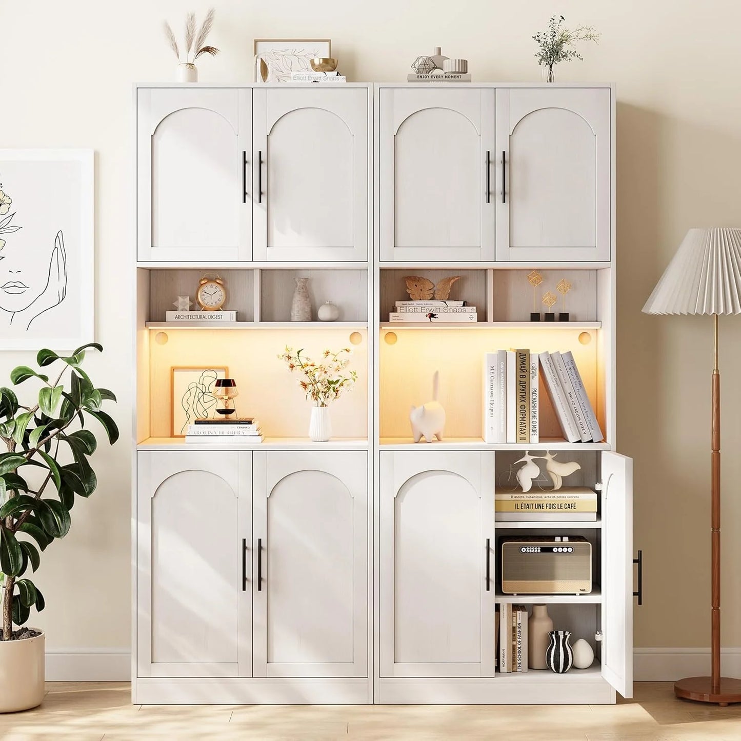 71° Tall Kitchen Pantry Storage Cabinet with Microwave Shelf and LED Light, Storage Cabinet with Door and Shelve, Hutch Cabinet with Storage for Dining Room, Living Room, Bathroom, White