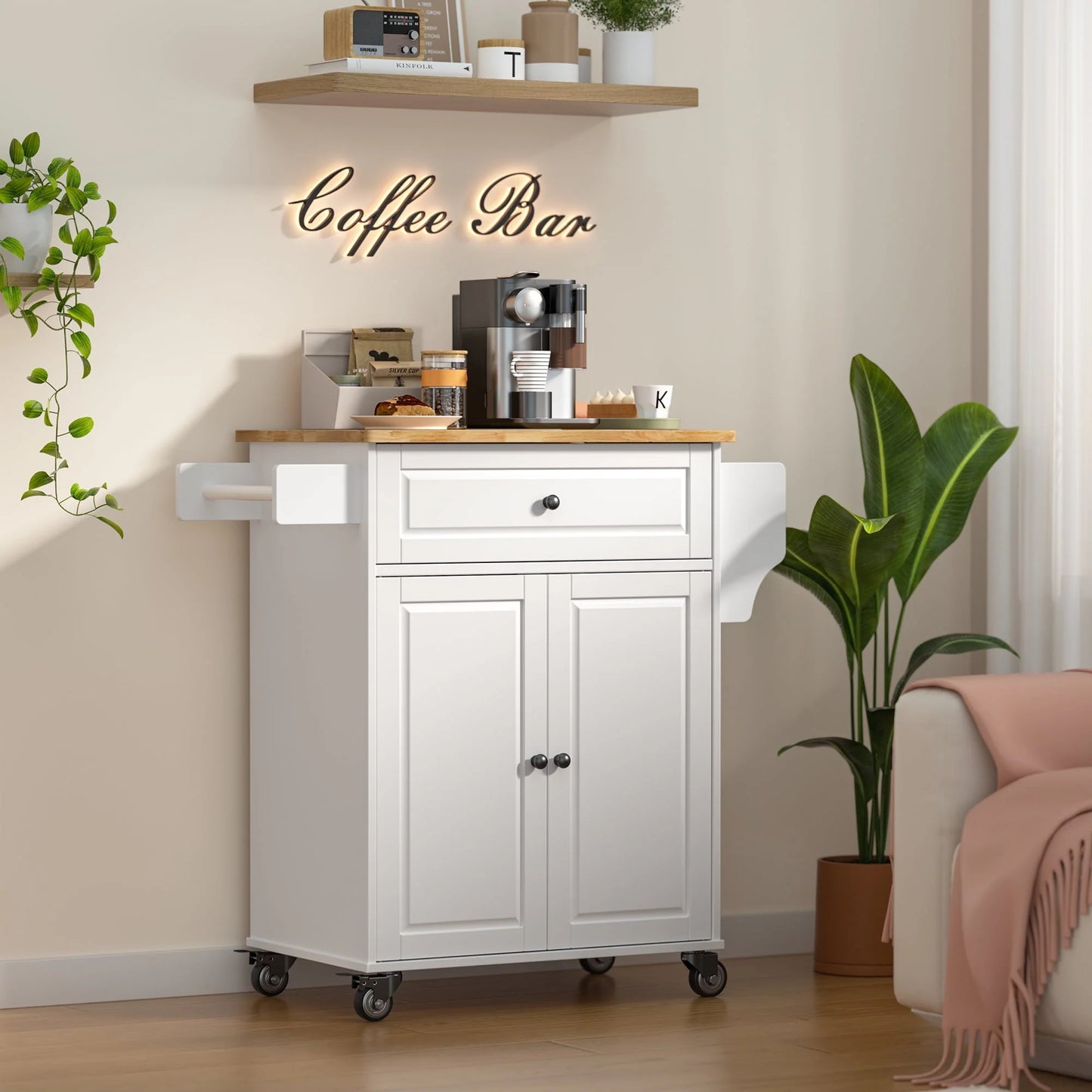 Kitchen Island with Storage on Wheels, Microwave Cart with Spice Rack, Towel Rack & Drawer, White