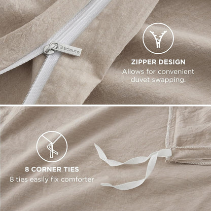 100% Washed Cotton Duvet Cover Queen Size - Warm Sand Minimalist Duvet Cover Linen Like for All Seasons - GentleSoft Plain Simple Bedding
