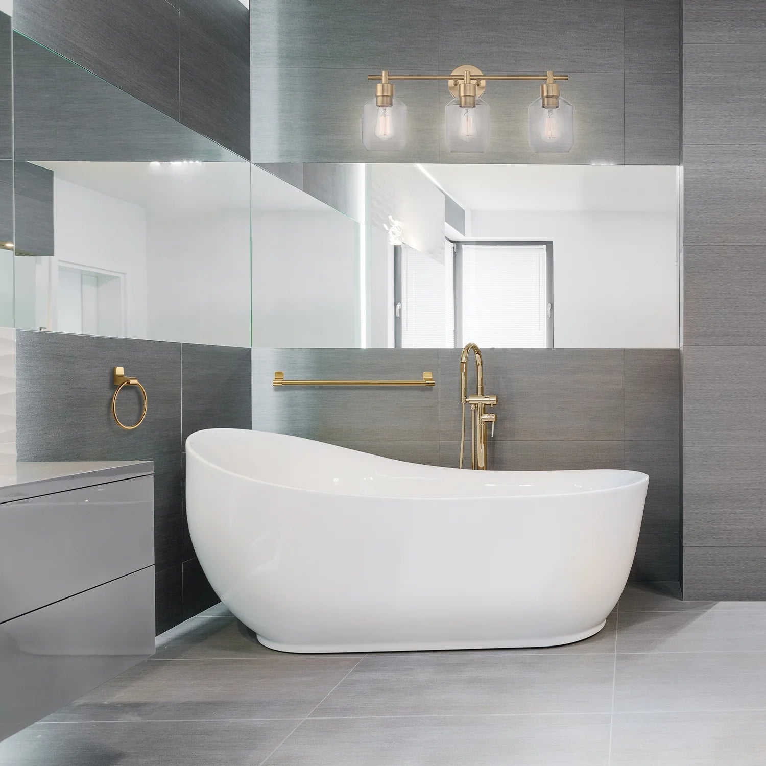Globe Electric Matte Brass Modern 5-Piece All-In-One Bathroom Set with Vanity Light, LED Bulbs