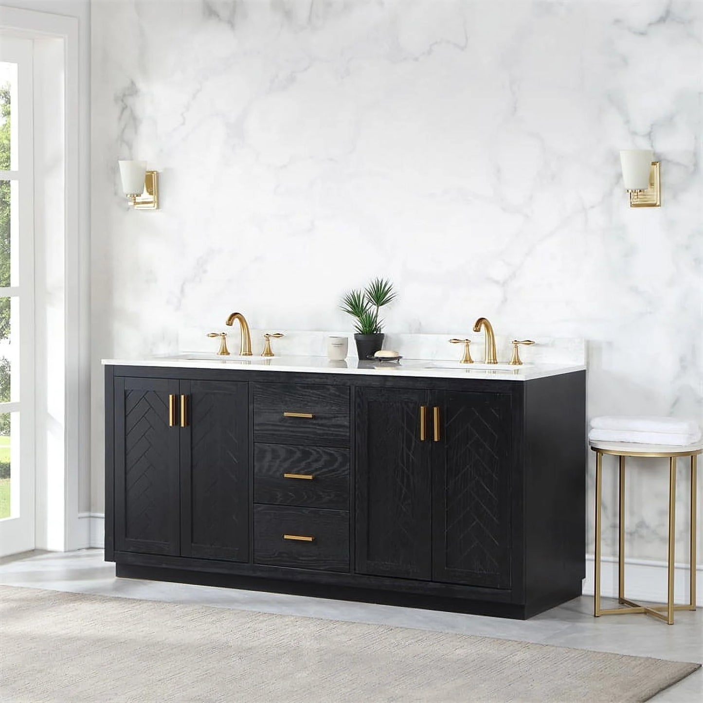 Gazsi 72" Double Bathroom Vanity Set in Black Oak with Grain White Composite Stone Countertop Without Mirror