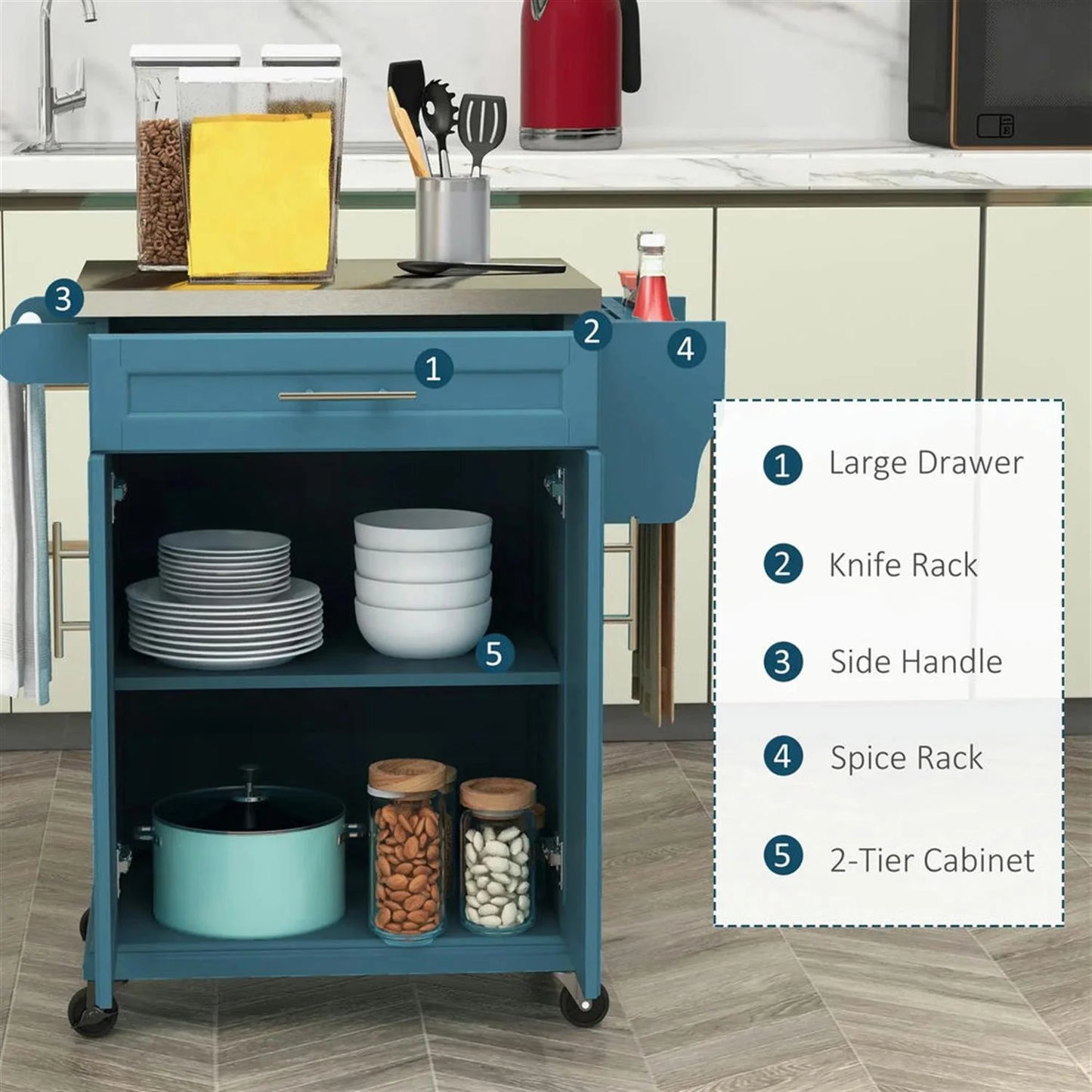 Finihen 35" Kitchen Island Cart on Wheels with Stainless Steel Top, Rolling Dining Room Serving Utility Carts Mobile Movable with Towel Rack, Blue
