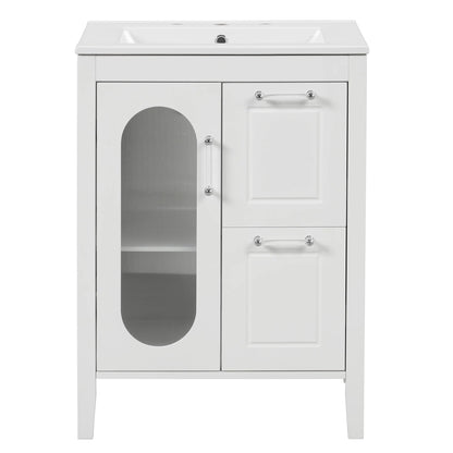 Soges 24" Bathroom Vanity with Ceramic Sink, Solid Wood Bathroom Makeup Cabinet with Door, Adjustable Shelf and 2 Drawer, Free Standing Single Basin Vanity Set for Small Bathroom, White