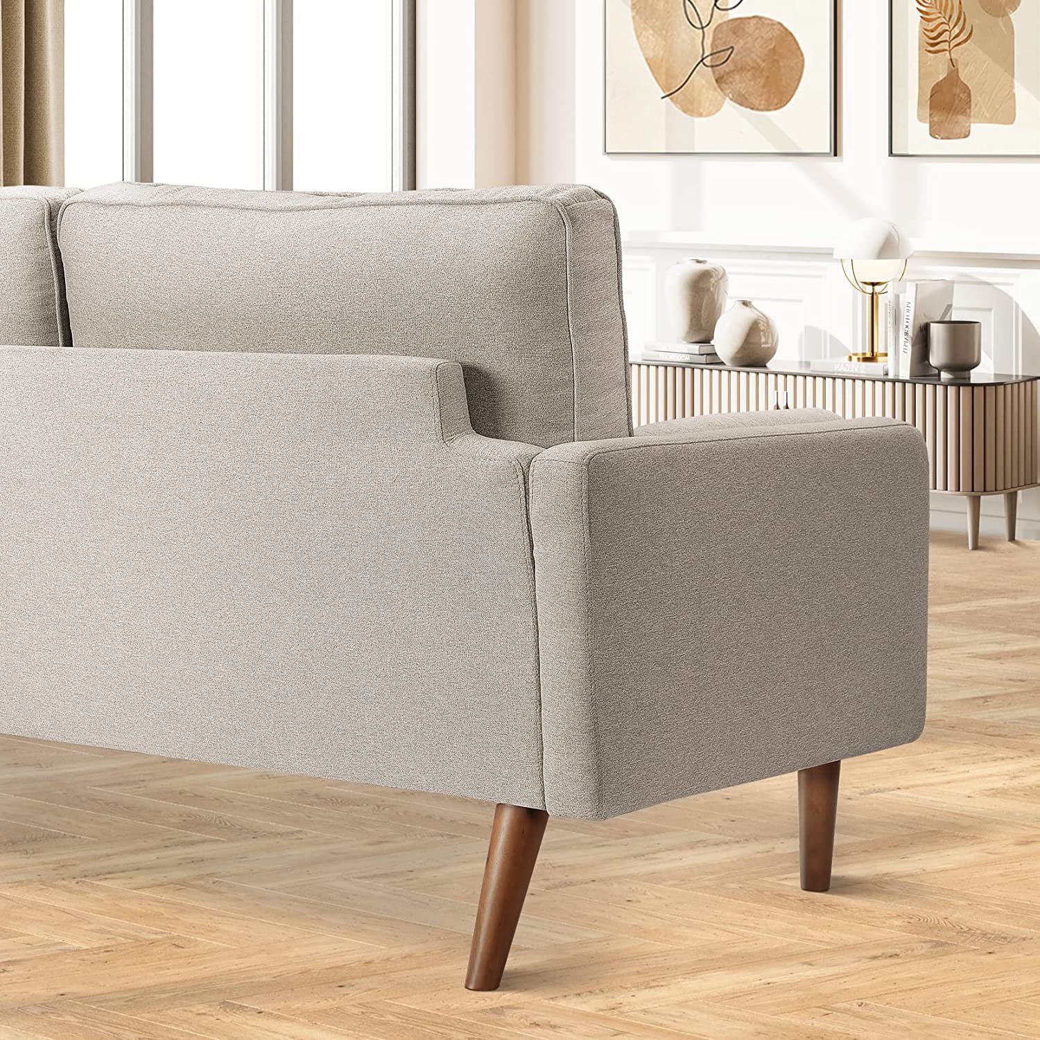 Light gray Small Couches, 68 inch Fabric Loveseat Sofa, 2 Seater Couch for Small Space, Button Tufted Seat Cushion, Square Armrest, 2 Throw Pillows, Modern Sofa for Bedroon, Living Room, Apartment