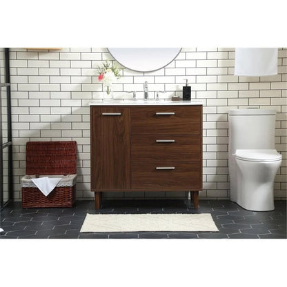Elegant Decor Baldwin 36" Solid Wood and MDF Bathroom Vanity in Walnut