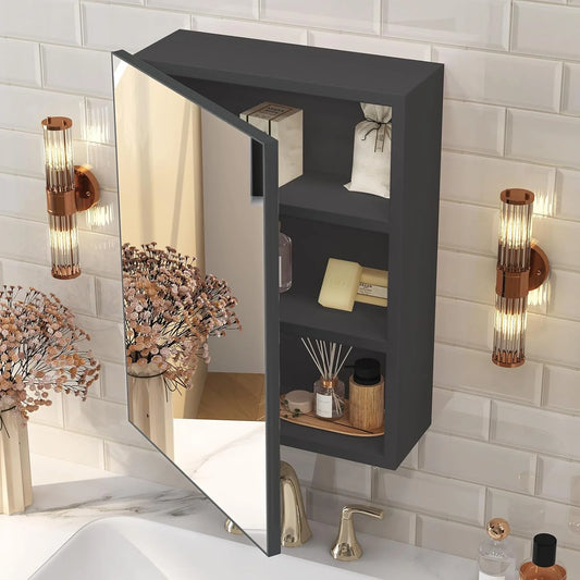 LR8 16x22 Inch Medicine Cabinet Mirror, Fully Assembled Bathroom Medicine Cabinet with Mirror, Wall Mounted or Recessed Medicine Cabinets with Mirror, Small Black Medicine Cabinets for Bathroom