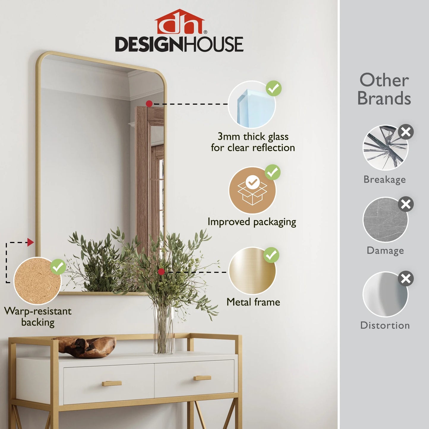 Isla Rectangle Wall Accent Mirror, 30" H x 20" L, Modern Metal Framed, Living Room, Bedroom, Bathroom Vanity Mirror, Gold Design House, 596510-GLD