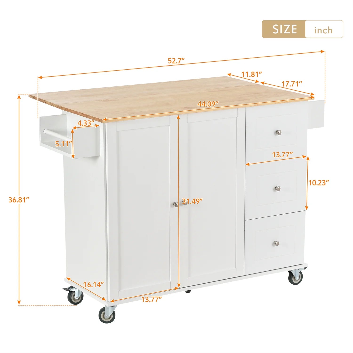 Kitchen Island Cart, Drop Leaf Kitchen Island on Wheels with Spice Rack, Towel Rack and 3 Drawers, Rolling Mobile Kitchen Island with Storage Cabinets and Solid Wood Top, White
