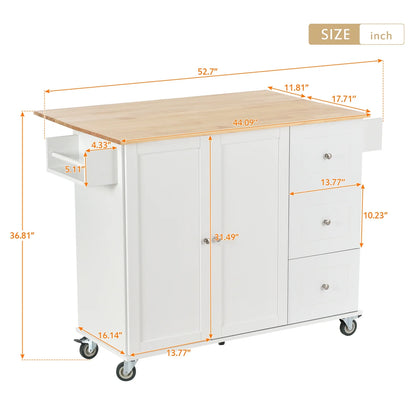 Kitchen Island Cart, Drop Leaf Kitchen Island on Wheels with Spice Rack, Towel Rack and 3 Drawers, Rolling Mobile Kitchen Island with Storage Cabinets and Solid Wood Top, White