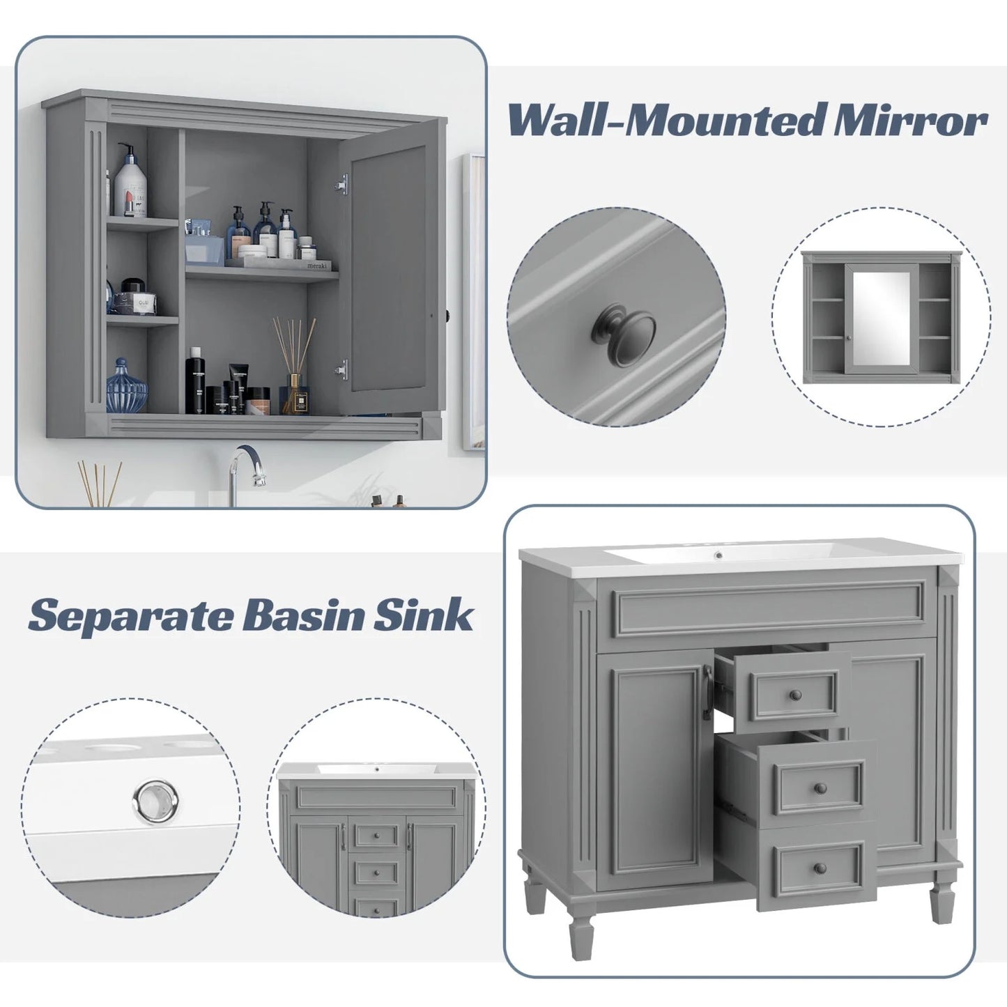 Modern Bathroom Furniture Set, 36" Bathroom Vanity with Top Sink, 35" Wall Mounted Bathroom Storage Cabinet, Mirror Cabinet with 6 Shelves, Storage Cabinet with 2 Doors and 2 Drawers, Grey