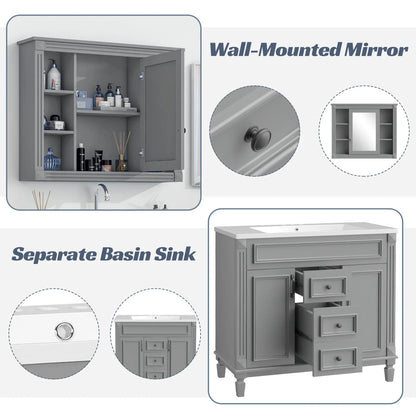 Modern Bathroom Furniture Set, 36" Bathroom Vanity with Top Sink, 35" Wall Mounted Bathroom Storage Cabinet, Mirror Cabinet with 6 Shelves, Storage Cabinet with 2 Doors and 2 Drawers, Grey