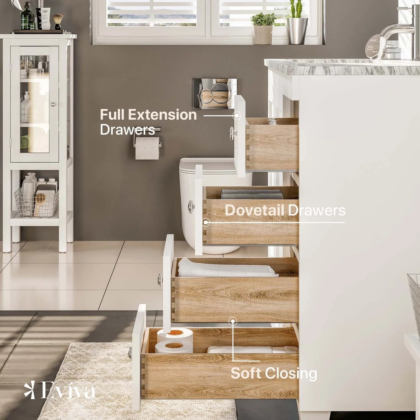 Eviva Happy 30" W x 18" D x 34" H White Bathroom Vanity with White Carrara Marble Counter-Top