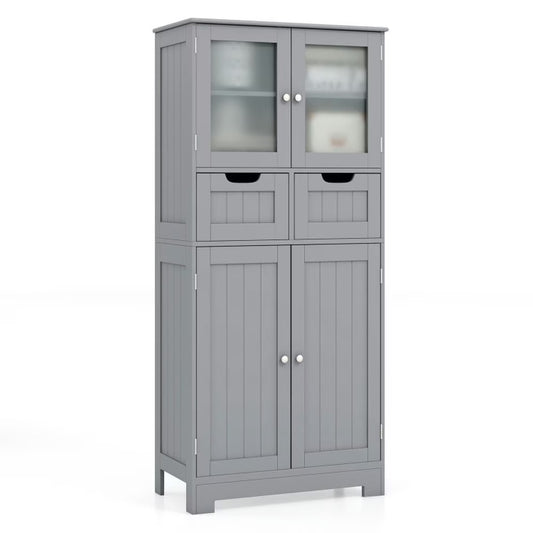 Resenkos 4 Door Freee-Standing Bathroom Cabinet with 2 Drawers and Glass Doors-Gray, Bathroom Cabinets for Entryway Storage, Home Office Furniture