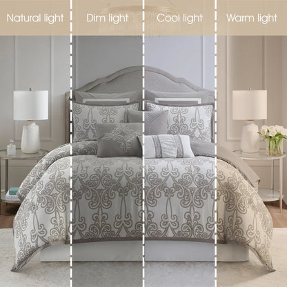 Lanco Smoke Grey Comforter Set California King Size, 9 Piece Jacquard Floral Bedding Set, All Season, Ultra-Soft, Matching Pillows & Shams, Bed Skirt