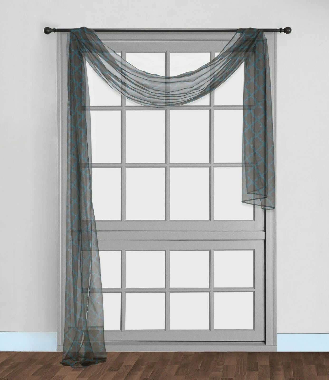LUSCH DCOR 1PC S38 SCARF VALANCE SHEER VOILE TRELLIS GEOMETRIC BROWN/TEAL SEE THRU WINDOW KITCHEN, BATHROOM, RESTAURANT, ANY USE SIZE 36" WIDE X 216" LENGTH