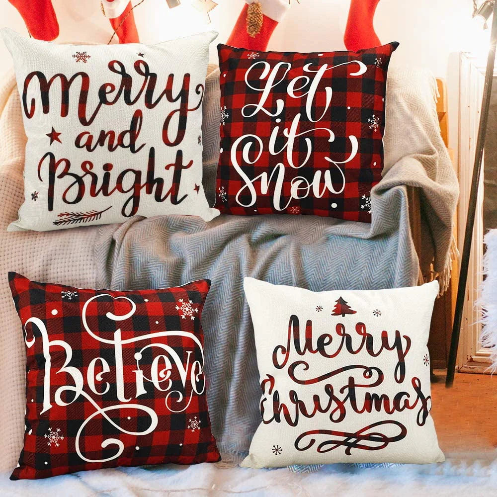 DecorX Christmas Pillow Covers 18x18 Set of 4 Farmhouse Black and Red Buffalo Check Plaid Throw Pillow Covers Outdoor Rustic Linen Pillow Case for Sofa Couch Christmas Decorations